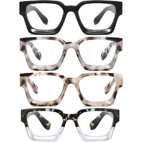4 Pack Classic Square Reading Glasses for Women, Blue Light Blocking Readers with Spring Hinge, Oprah Style Trendy