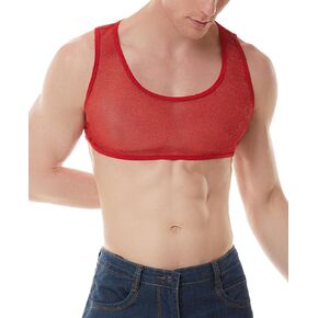 FEOYA Men's See Through Tank Top Sheer Mesh Shiny Crop Top Sleeveless Stretchy Lace Muscle Shirts