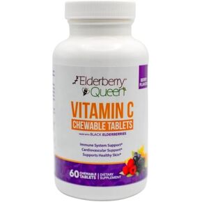 Elderberry Queen Vitamin C 500mg Chewable Tablets, Natural Dietary Supplement for Immune Support, Vitamin A, Vitamin E, Echinacea, 60 Tablets