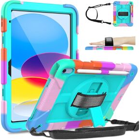 TIRIN New iPad 10th Generation Case 2022, iPad 10.9 inch case with Built-in Screen Protector & Pencil Holder & Rotating Hand Strap Stand Shockproof Protective Case for iPad 10th Gen 10.9 inch, Black