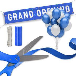 Grand Opening Ribbon Cutting Ceremony Kit - 25" Giant Scissors, 5yd of 4" Wide Ribbon, 10ft Banner, 8 Red & 8 White Balloons, 19 ft Banner Rope, 2 Rolls Balloon Ribbon - Grand Opening Kit
