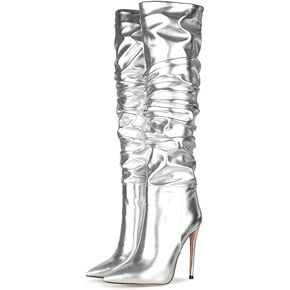 Women Fashion Slouchy Knee High Boots Pointed Toe High Heel Thigh High Boot Patent Mirror Stiletto Shoes