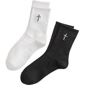 SHENHE Men's 2 Pairs Cross Print Embroidered Geo Crew Socks Knit Soft Daily Socks