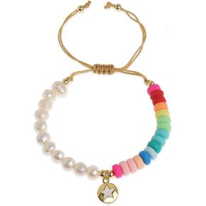Freshwater Pearl Heishi Clay Beads Ball Bracelets for Women Girls, Cute Handmade Adjustable Colorful Friendship Strand Bracelet Summer Beach Jewelry Gift