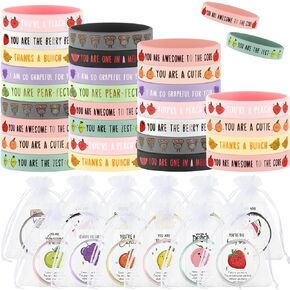 Set of 60 Motivational Rubber Wristbands Fruit Pun Inspirational Silicone Bracelets Stretch Bracelets Gift with Funny Fruit Card Organza Bags Thank You Gifts for Men Women Teens Student