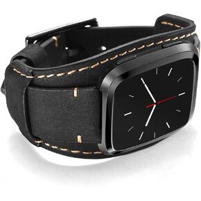 Compatible with Fitbit Versa 2 Bands, Genuine Leather Cuff Bracelet Replacement Strap with Stainless Steel Buckle Compatible Fitbit Versa/Versa 2/Versa Lite/Versa SE for Men Women(Black) in Kuwait