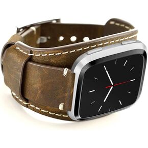 Compatible with Fitbit Versa 2 Bands, Genuine Leather Cuff Bracelet Replacement Strap with Stainless Steel Buckle Compatible Fitbit Versa/Versa 2/Versa Lite/Versa SE for Men Women(Black)