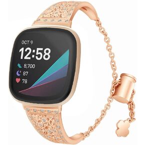 Compatible with Fitbit Versa 4/Versa 3/ Sense 2/Sense Band for Women, Replacement Bling Metal Strap Stainless Steel Metal Jewelry Bangle Wrist Strap Bracelet Rhinestone Accessories for Sense 2/Versa 4