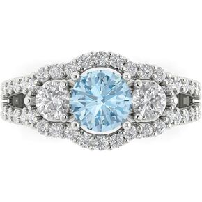 2.16 ct Round Cut Natural Aquamarine 18K White Gold Solitaire W/Accents 3 Stone Anniversary Wedding Engagement Ring