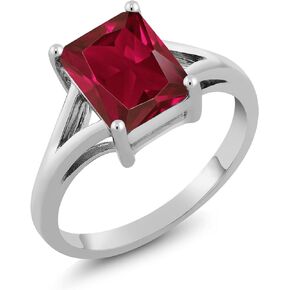 Gem Stone King 925 Sterling Silver Red Created Ruby Solitaire Engagement Ring For Women (2.80 Cttw, Emerald Cut 9X7MM, Gemstone July Birthstone, Available in Size 5,6,7,8,9)