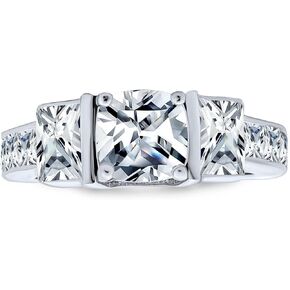 Personalize Timeless 3CT AAA Cubic Zirconia Past Present Future Square Solitaire Princess Cut Engagement Promise Ring For Women Side Stone Heart Shape CZ .925 Sterling Silver Customizable