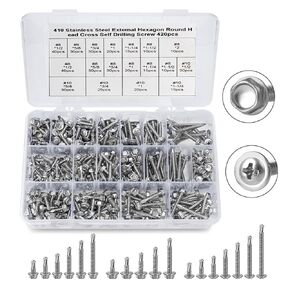 Self Tapping Screws for Metal，420 pcs #8#10#12 Hex Head Self Drilling Screws for Metal,Length 1/2" to 2" Metal Screws Assortment Set for Building, Metal, Wood, and Plastic (Silver)