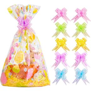 Kolewo4ever 40pcs Easter Cellophane Bags Pull Bow Set 20 pcs Easter Basket Bags Wine Bottles Cellophane Wrap Perfect for Gift, Presents, with 20pcs Pull Bows (16x24 inch)