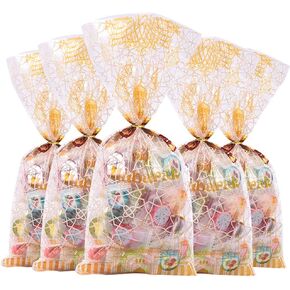 100 Pieces Eid Mubarak Clear Plastic Goody Bags for Kids, Gold Muslim Castle Lantern Ramadan Theme Printed Pattern Gift Bags Cellophane Goodie Favor Bags with Gold Twist Ties for Iftar Diwali Party