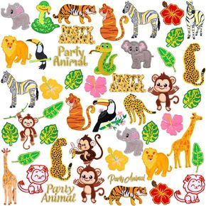48 Pcs Animals Embroidered Patches Mixed Animal Iron on Patches Lion Giraffe Tiger Snack Elephant Monkey Leaf Animal Embellishments Sew Applique Patches for DIY Shoes Clothes Backpacks