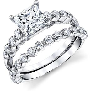 Metal Masters Co. 2.10Ct. Princess-Cut Moissanite Wedding Bridal Set Engagement Ring 18K White Gold over Silver