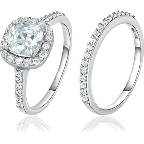 SEA OF ICE 925 Sterling Silver 6x6mm Cushion-Cut CZ Cubic Zirconia Halo Anniversary Wedding Band Engagement Ring Bridal Set, Sizes 5 to 10