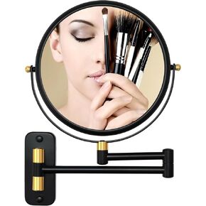 مرآة مكياج مثبتة على الحائط 1X/10X مرآة مكبرة للحمام، مرآة زينة دوارة 360 درجة على الوجهين، مرآة مثبتة على الحائط مقاس 8 بوصات مع ذراع تمديد، أسود وذهبي in Kuwait