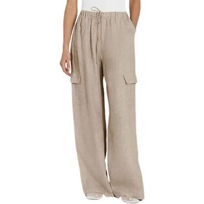 Xiaoxuemeng Womens Cotton Linen Wide Leg Pants Casual Elastic Waisted Cargo Pants with Pockets