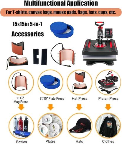 مكبس حراري 15 × 15 بوصة، ماكينة ضغط حراري 5 في 1، مضادة للحرق، تسخين سريع، 360 درجة تأرجح، تحكم رقمي، مجموعة تصعيد متعددة الوظائف، أحمر in Kuwait