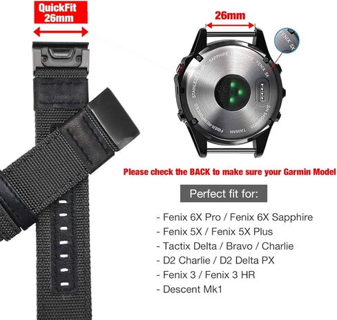 حزام ساعة لـ Fenix ​​6X / Fenix ​​5X، حزام معصم عسكري من النايلون المتين سريع التركيب مقاس 26 مم لـ Garmin Fenix ​​5X Plus، Fenix ​​6X Pro/Sapphire، Enduro، Tactix Charlie/Delta (أسود) in Kuwait