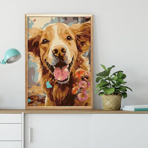 Paint by Numbers Kit for Adults Beginner Couples Gift Ideas Simple Painting Golden Retriever Dog with Frame DIY Oil Painting Acrylic Paints Canvas for Wall Art 12x16inch in Saudi Arabia