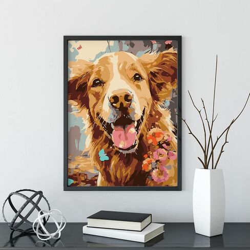 Paint by Numbers Kit for Adults Beginner Couples Gift Ideas Simple Painting Golden Retriever Dog with Frame DIY Oil Painting Acrylic Paints Canvas for Wall Art 12x16inch in Saudi Arabia