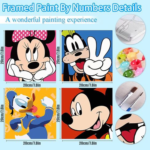 Framed Paint by Numbers for Kids - 4Pack Cartoon Paint by Numbers for Kids Ages 4-8-12, Mickey Paint by Number Kits on Canvas, DIY Oil Painting Acrylic Kits Paint by Numbers for Home 8x8in in Kuwait