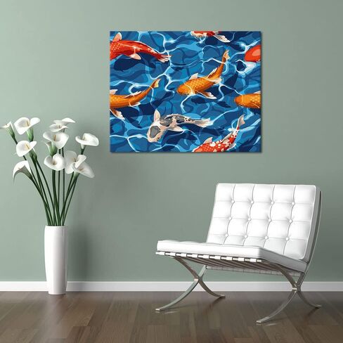 طلاء TISHIRON بالأرقام للبالغين المبتدئين، مجموعة طلاء زيتي بالأرقام للبالغين والأطفال، هدايا فنية من القماش لديكور المنزل - سمكة كوي 16 × 20 بوصة in Kuwait