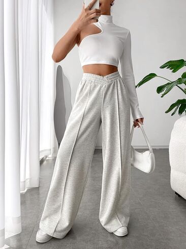 Women's High Waisted Asymmetrical Wide Leg Sweatpants Solid Long Length Plain Pants in Saudi Arabia