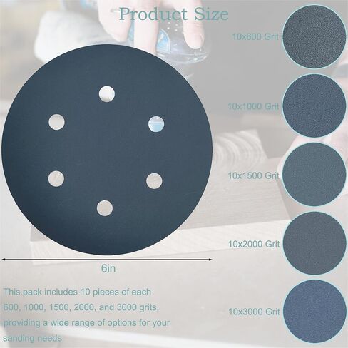 50 PCS 6 Inch 6 Hole Silicon Carbide Sanding Disc Kit - 10 Each of 600, 1000, 1500, 2000, 3000 Grits, 6" Hook & Loop Backing Sander Disc Wet Dry Sandpaper for Automotive Woodworking DA Orbital Sander in Kuwait