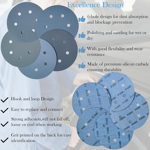 50 PCS 6 Inch 6 Hole Silicon Carbide Sanding Disc Kit - 10 Each of 600, 1000, 1500, 2000, 3000 Grits, 6" Hook & Loop Backing Sander Disc Wet Dry Sandpaper for Automotive Woodworking DA Orbital Sander in Kuwait