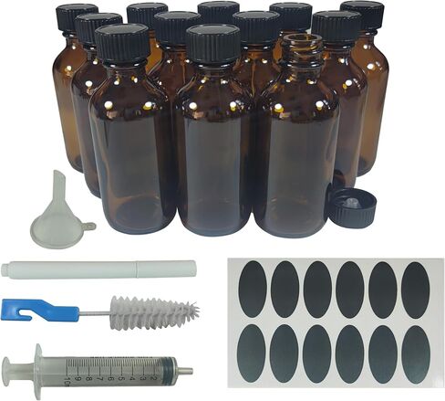 Bioll 60ml (2 oz) Boston Glass Bottles. Essential Oil Bottle With Black Poly Cone Lids. For Potion,Juice,Ginger Shots,Oils, Whiskey,Perfume,Aromatherapy,Lab Refillable Sample Vials -12 pack (Amber) in Saudi Arabia