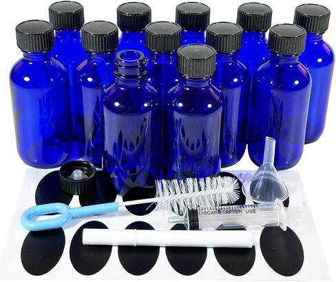 Bioll 60ml (2 oz) Boston Glass Bottles. Essential Oil Bottle With Black Poly Cone Lids. For Potion,Juice,Ginger Shots,Oils, Whiskey,Perfume,Aromatherapy,Lab Refillable Sample Vials -12 pack (Amber) in Saudi Arabia