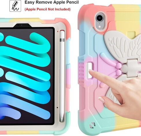 حافظة لجهاز iPad Mini 6 مع مسند قلم رصاص بأجنحة الفراشة، غطاء حماية متين وشديد التحمل للأطفال والبنات لجهاز iPad Mini 6 Generation (8.3 بوصة، 2021) - قوس قزح وردي in Kuwait