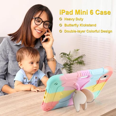 حافظة لجهاز iPad Mini 6 مع مسند قلم رصاص بأجنحة الفراشة، غطاء حماية متين وشديد التحمل للأطفال والبنات لجهاز iPad Mini 6 Generation (8.3 بوصة، 2021) - قوس قزح وردي in Kuwait