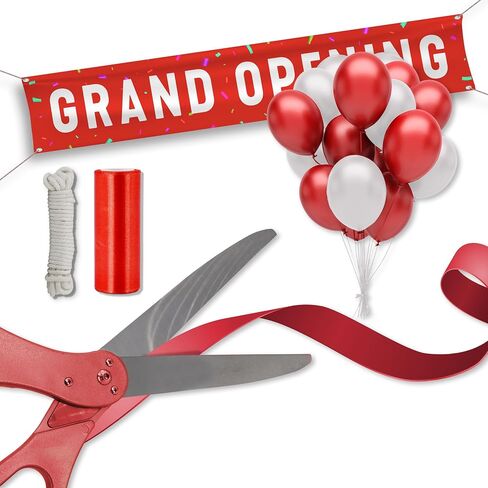 Grand Opening Ribbon Cutting Ceremony Kit - 25" Giant Scissors, 5yd of 4" Wide Ribbon, 10ft Banner, 8 Red & 8 White Balloons, 19 ft Banner Rope, 2 Rolls Balloon Ribbon - Grand Opening Kit in Saudi Arabia