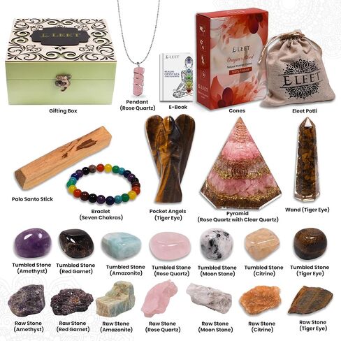 إليت 22 قطعة من أحجار الشفاء 7 أحجار خام و7 أحجار متدلية، سوار، عصا، أهرامات، مخاريط، قلادة، أعواد بالو سانتو، ملائكة الجيب (مجموعة هدايا الشاكرات المتوازنة) in Kuwait
