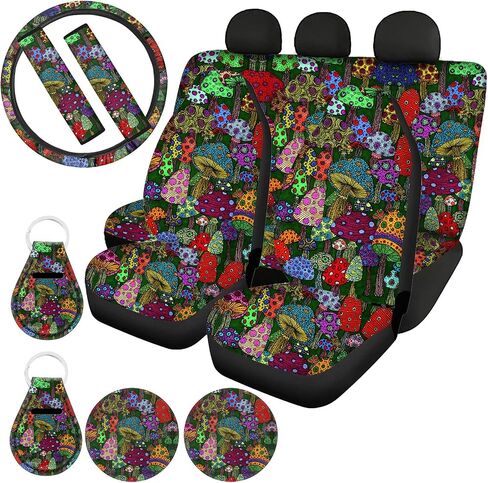 Rainbow Mushroom Car Seat Covers for Women Full Set with Steering Wheel Cover Seat Belt Strap Cover/Cup Coasters/Auto Keychains/Front Back Seat Protector in Saudi Arabia