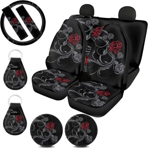 Rainbow Mushroom Car Seat Covers for Women Full Set with Steering Wheel Cover Seat Belt Strap Cover/Cup Coasters/Auto Keychains/Front Back Seat Protector in Saudi Arabia