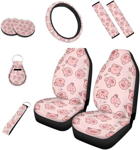 Cartoon Pig Print Car Seat Covers Ful Set Polyester Pink Cute Animal Piggy Universal Car Accessories Set for Women Covers Full Set Steering Wheel Cover Car Cup Mats in Saudi Arabia