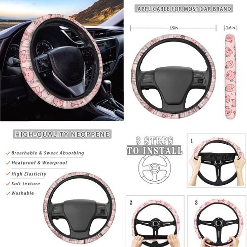 Cartoon Pig Print Car Seat Covers Ful Set Polyester Pink Cute Animal Piggy Universal Car Accessories Set for Women Covers Full Set Steering Wheel Cover Car Cup Mats in Saudi Arabia