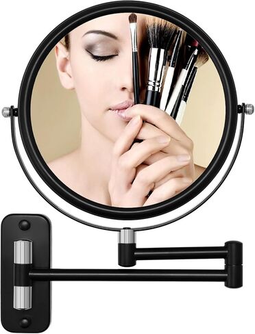 مرآة مكياج مثبتة على الحائط 1X/10X مرآة مكبرة للحمام، مرآة زينة دوارة 360 درجة على الوجهين، مرآة مثبتة على الحائط مقاس 8 بوصات مع ذراع تمديد، أسود وذهبي in Kuwait