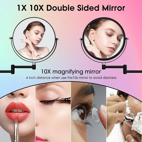 مرآة مكياج مثبتة على الحائط 1X/10X مرآة مكبرة للحمام، مرآة زينة دوارة 360 درجة على الوجهين، مرآة مثبتة على الحائط مقاس 8 بوصات مع ذراع تمديد، أسود وذهبي in Kuwait