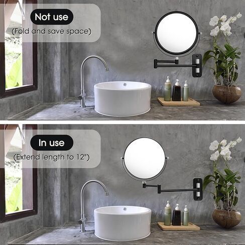 مرآة مكياج مثبتة على الحائط 1X/10X مرآة مكبرة للحمام، مرآة زينة دوارة 360 درجة على الوجهين، مرآة مثبتة على الحائط مقاس 8 بوصات مع ذراع تمديد، أسود وذهبي in Kuwait