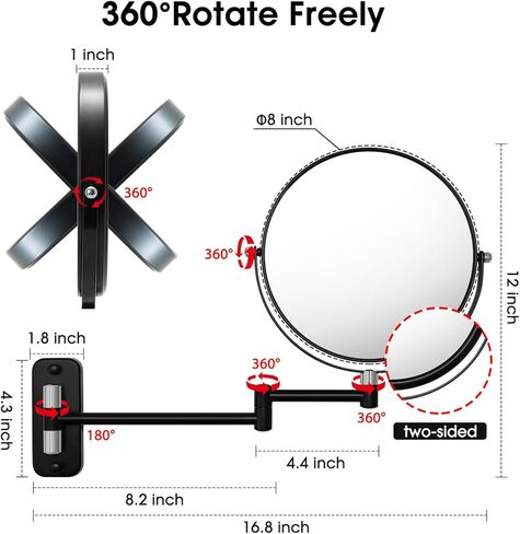مرآة مكياج مثبتة على الحائط 1X/10X مرآة مكبرة للحمام، مرآة زينة دوارة 360 درجة على الوجهين، مرآة مثبتة على الحائط مقاس 8 بوصات مع ذراع تمديد، أسود وذهبي in Kuwait