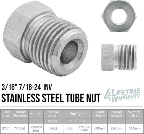4LIFETIMELINES Stainless Steel Brake Line Tube Nut, 3/16 (7/16-24 Inverted), Bag of 10 in Saudi Arabia