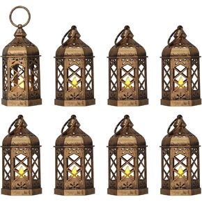 LLQ Mini Lantern مع شمعة LED ، 12 مساءً الفوانيس الصغيرة الزخرفية ، الأضواء المغربية القديمة لزخارف الهالوين ، الحلي المعلقة لعيد الميلاد ، مركزية مركزية ، بوهو ديكور الزفاف in Kuwait