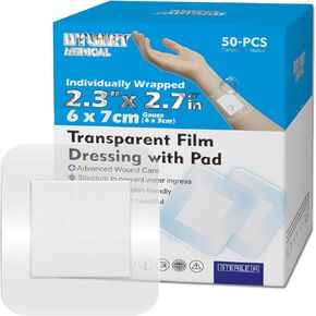 Waterproof Transparent Film Dressing with Absorbent Pad 50-Pack Sterile Adhesive Bandages Post-Surgical Wound Cover, Protective Barrier for Sensitive Skin (2.7''x4'') in Kuwait