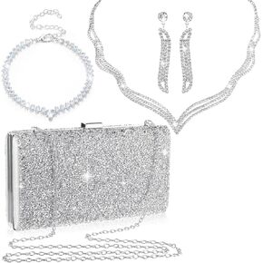 Mixweer 4 Pieces Clutch Purses Bag for Women Evening Rhinestone Jewelry Set Bling Necklace Earrings Bracelets Set for Wedding in Kuwait
